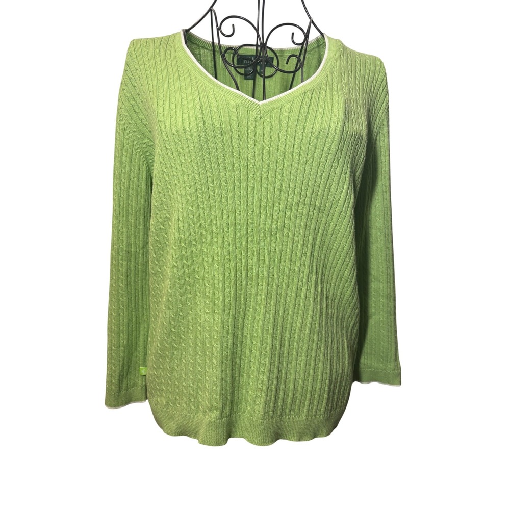 Lauren Ralph Lauren Lime Green Cable Knit V-Neck Cotton Sweater Womens -Medium‎